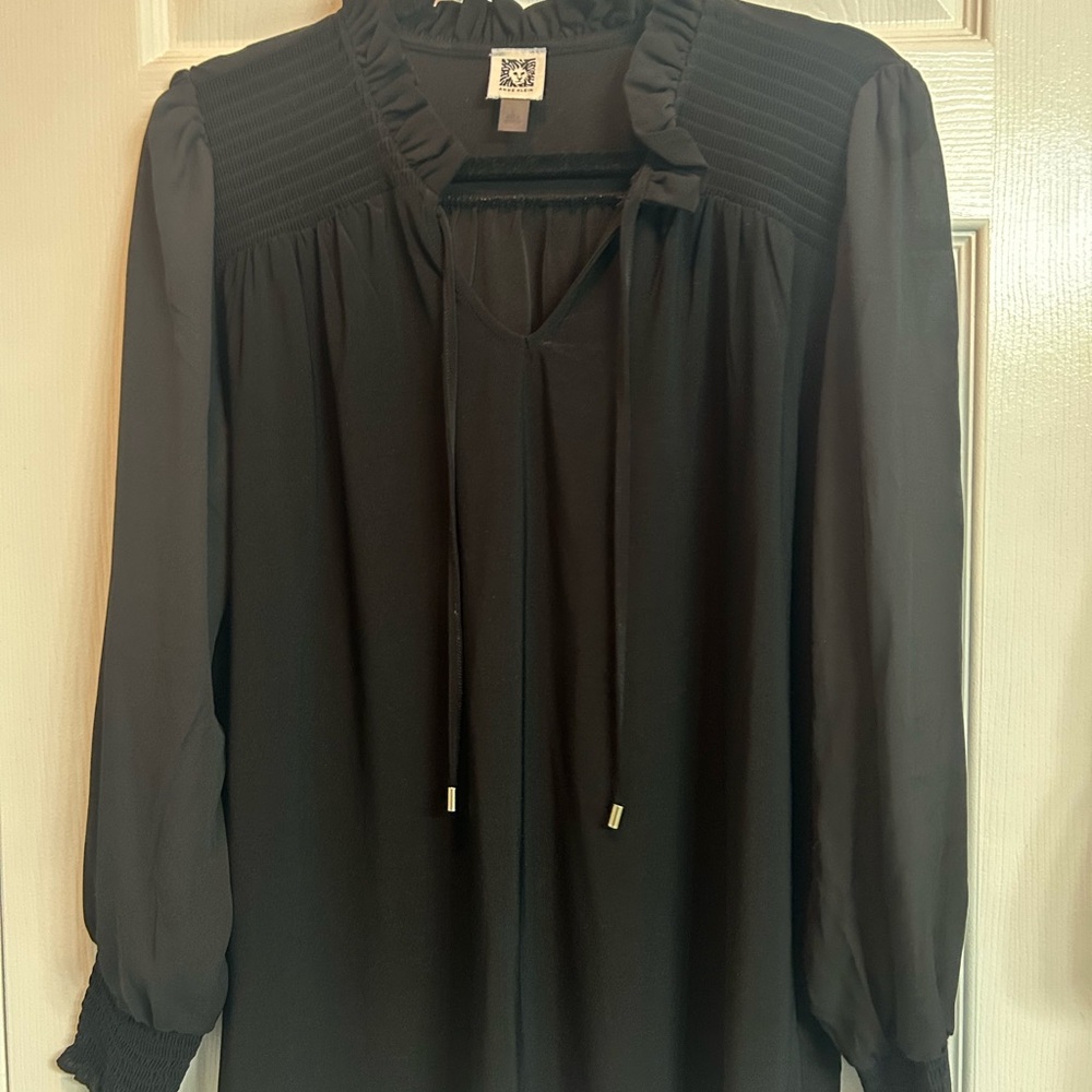 Anne Klein Black Long-Sleeve Ruffle-Yoke Tie-Neck Blouse